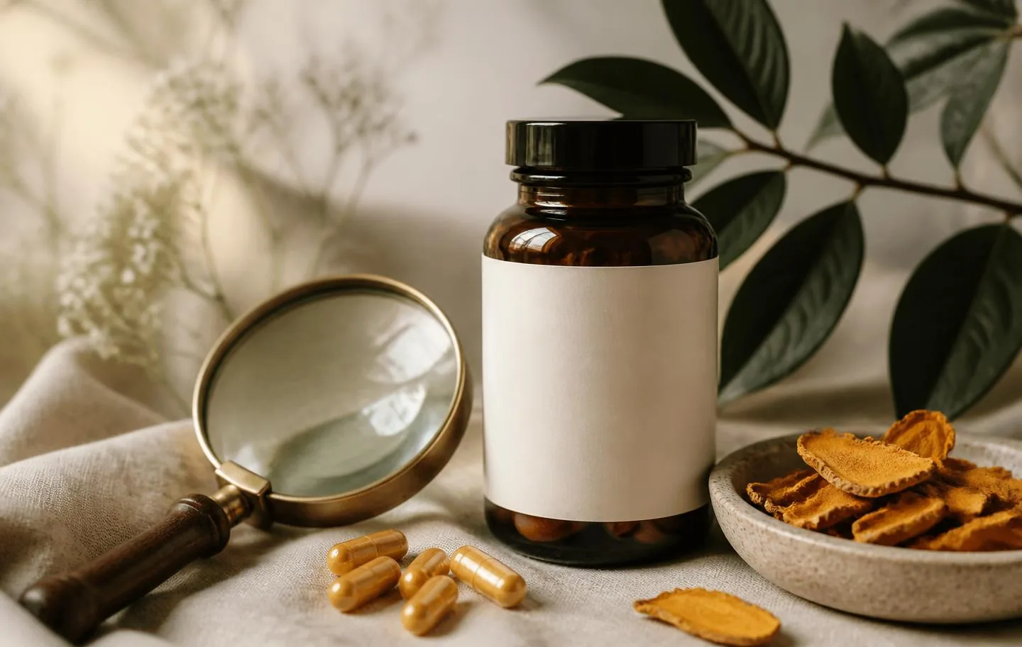 Magnifying glass beside an unbranded amber supplement bottle with a blank label, golden capsules and dried turmeric slices