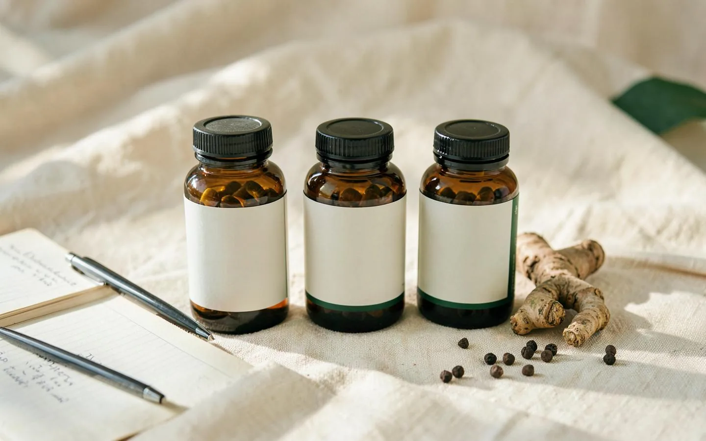 Three unbranded amber supplement bottles with blank labels beside a notebook, turmeric root and black peppercorns on cream linen