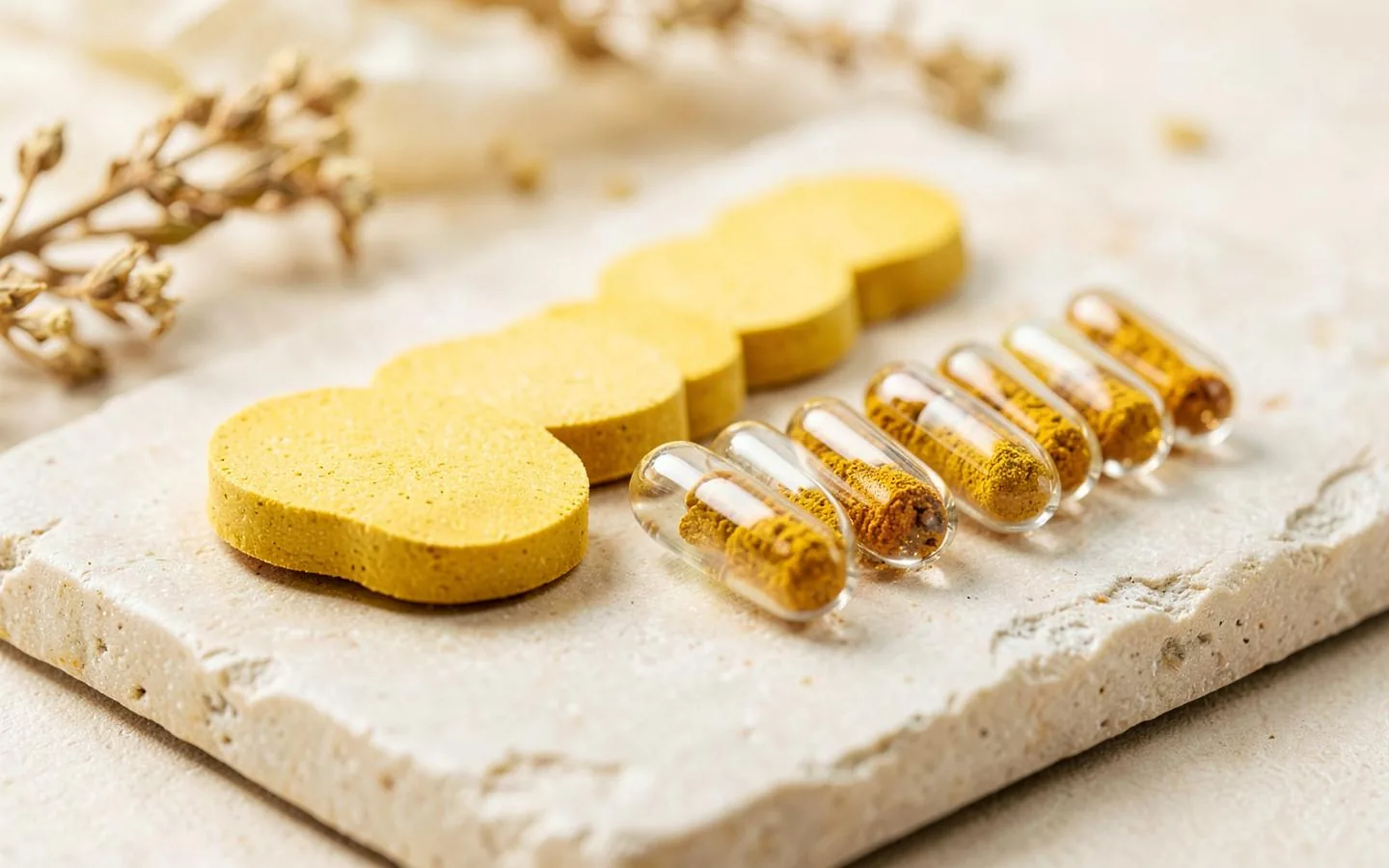 Row of pressed golden turmeric tablets beside clear vegan capsules filled with turmeric powder on a pale stone slab