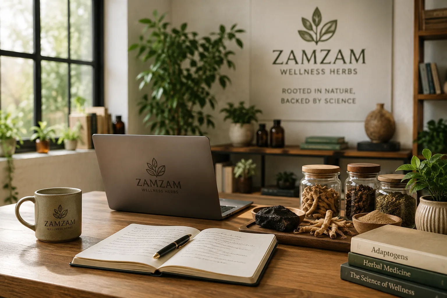 Brand and workspace photography — Zamzam Wellness Herbs workspace with botanical ingredients, laptop and branded materials