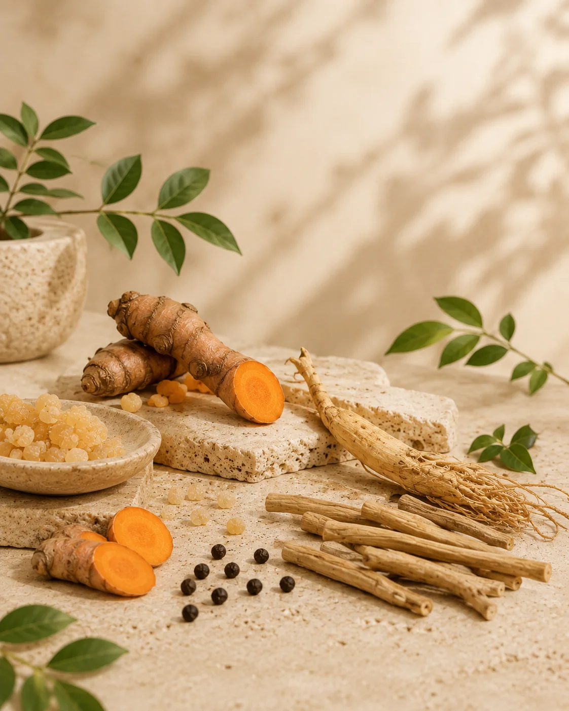 Botanical raw material photography — turmeric, ginseng, frankincense and black pepper