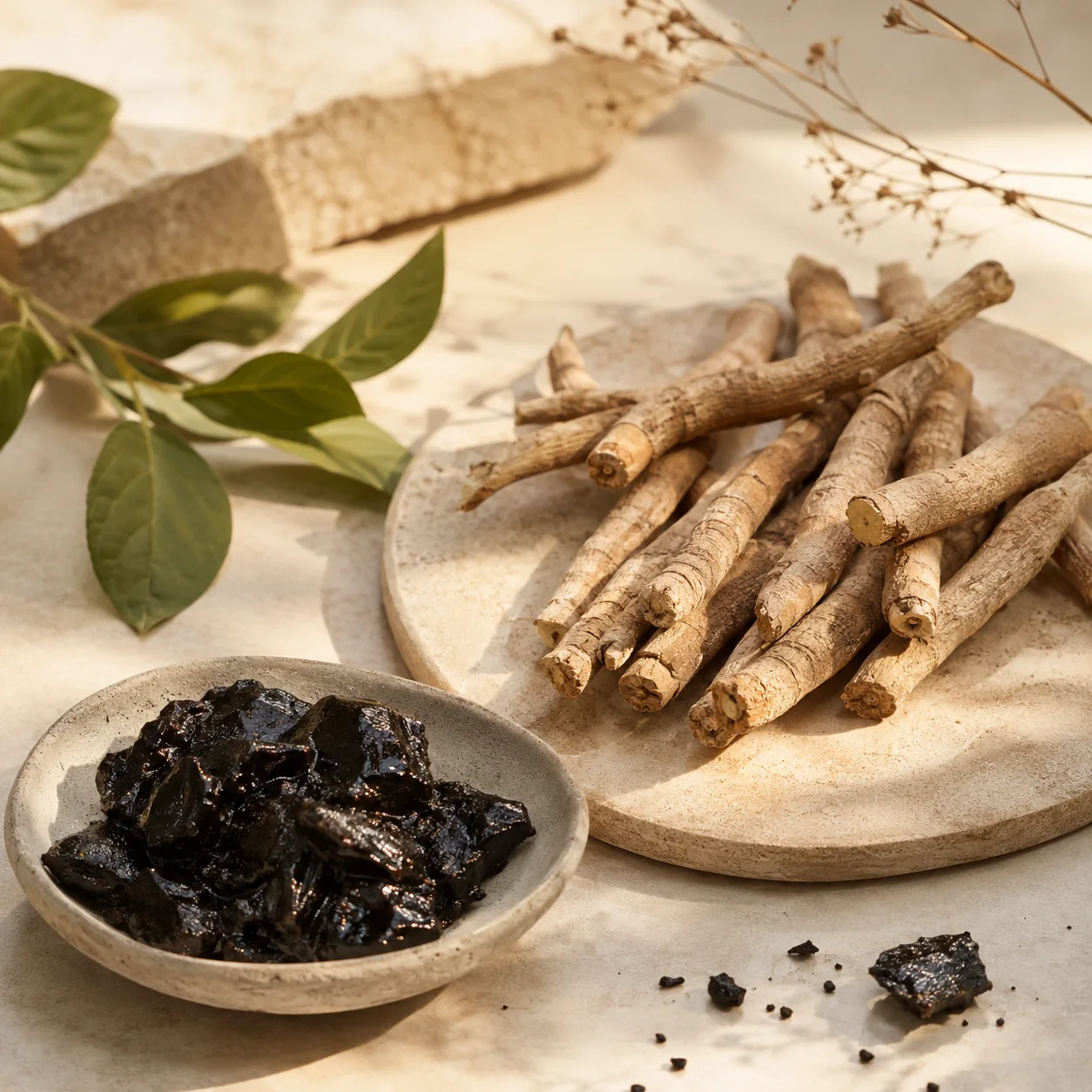Shilajit & Ashwagandha editorial photography — ashwagandha roots and Himalayan shilajit resin