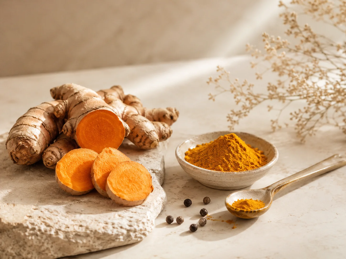 Curcumin vs Turmeric editorial photography — fresh turmeric root, turmeric powder and black peppercorns