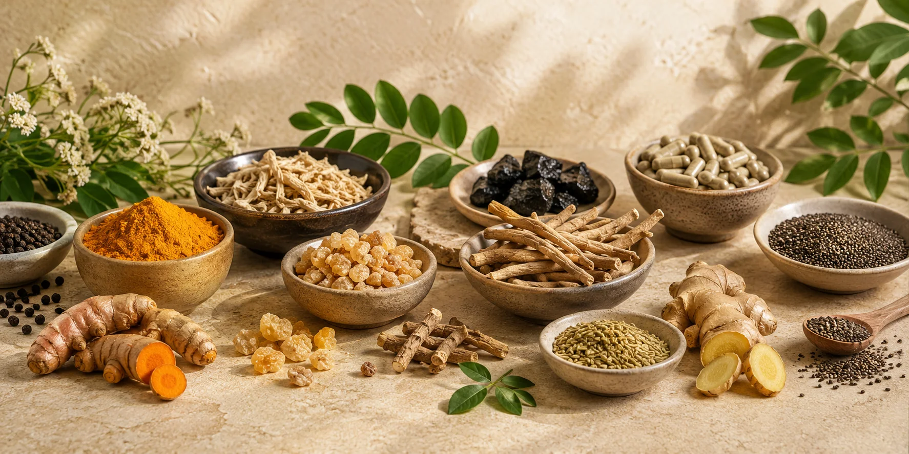 Botanical still life — turmeric roots, dried ginseng, black peppercorns, frankincense resin, seeds and botanical ingredients